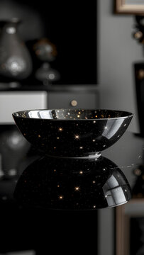 Bol d&eacute;coratif noir avec motifs &eacute;toil&eacute;s dor&eacute;s sur une table &eacute;l&eacute;gante