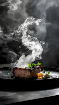 Filet de b&oelig;uf grill&eacute; juteux avec volutes de fum&eacute;e spectaculaires sur assiette noire