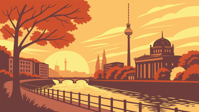 Berlin city skyline at dusk, fall orange sunset background