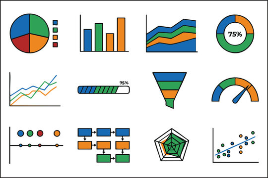 Colorful flat outline business infographic chart and data graph vector illustrations.