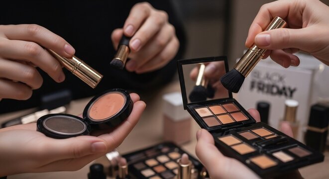 Hands holding various makeup products and tools for application.