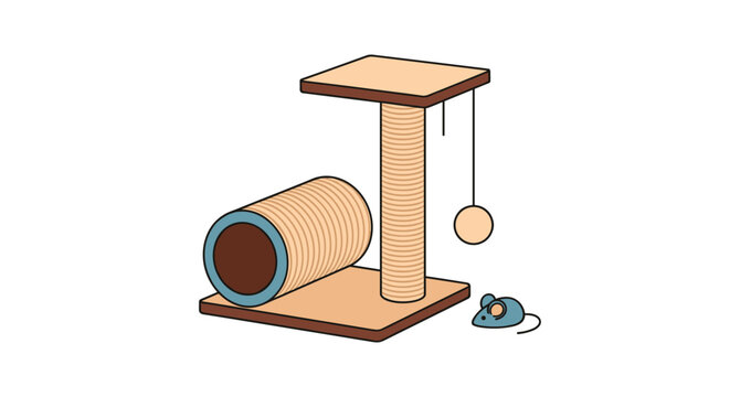 Pet supplies for cats including a scratching post tower with a tunnel hanging toy ball and a small blue clockwork mouse.