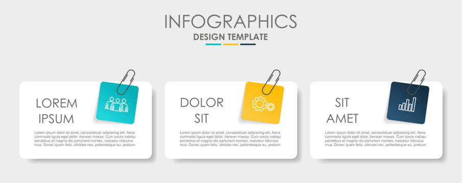 Business infographics template with three paper notes, paperclips, and icons for workflow, strategy, and data presentation. Vector illustration.