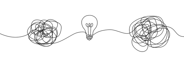 Continuous one line chaos problem scribble simple art icon knot. Chaos problem line complex brain solution tangle messy doodle drawing maze simplify lightbulb understand calm sketch background mess © Максим Зайков