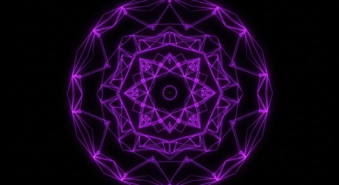 Geometric Purple Neon Kaleidoscope Visuals Seamless Loop Pattern Design. Shiny Fractal Abstract Ornament Background for Motion Graphics or VJ Loops
