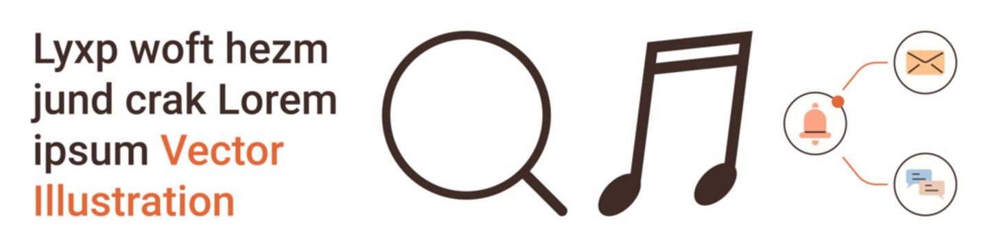Digital communication, search tools, notifications, media symbols, music applications, messaging systems. Magnifying glass, music note and email icons. Search tools and digital communication concept