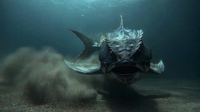 Underwater close-up great barracuda open mouth hunting in ocean