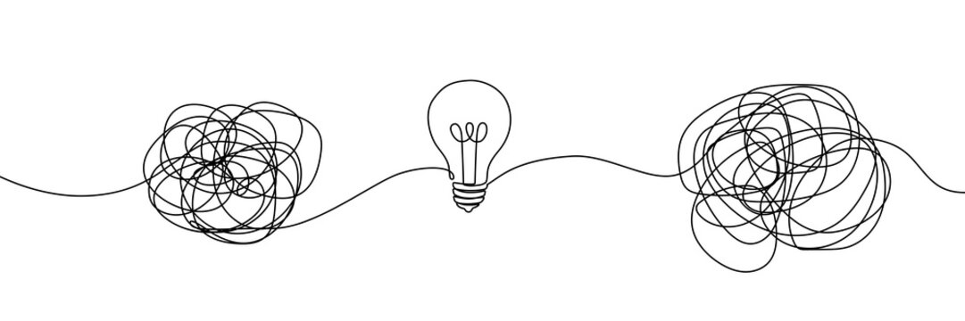 Continuous one line chaos problem scribble simple art icon knot. Chaos problem line complex brain solution tangle messy doodle drawing maze simplify lightbulb understand calm sketch background mess