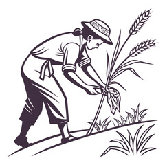 farmer harvesting wheat with sickle in minimalist black and white line art high quality professional detailed modern elegant stylish clean crisp vibrant colorful digital creative innovative © Mia1000