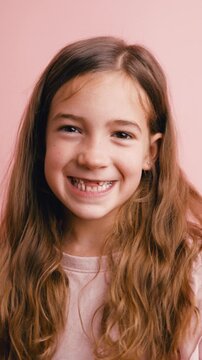 Portrait of a happy little girl with long wavy hair laughing and shaking her head against a pink background. Charming childhood innocence. Vertical