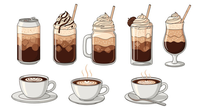 Variety of gourmet coffee beverages including iced lattes with whipped cream and hot coffee cups with artistic foam patterns.
