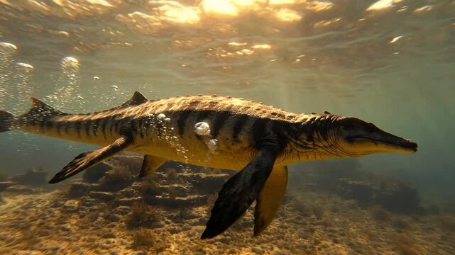 4k underwater footage sea monster swimming in coral reef at sunset