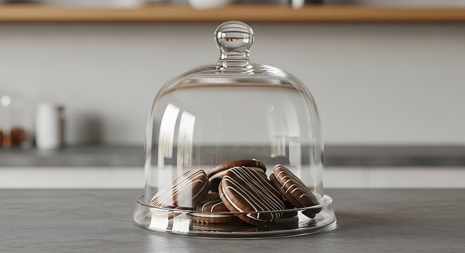 A close-up view of delicious chocolate covered oreos arranged neatly inside a transparent glass dome cover placed on a modern kitchen countertop surface.
