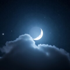 Obraz premium Crescent moon glowing through soft clouds against a starry night sky