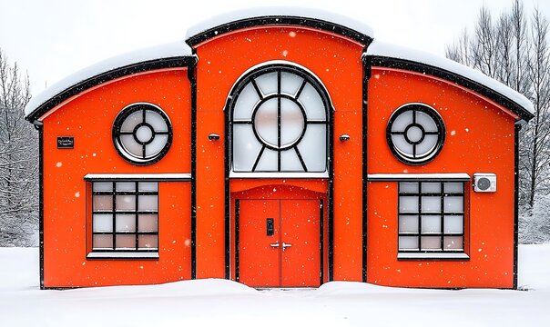 Vibrant orange house with multiple windows and falling snow detail.