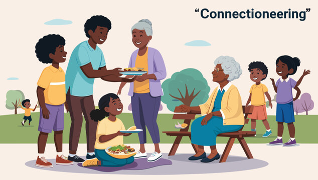 A heartwarming illustration depicting a joyful family moment in a park. Ideal for representing childhood, togetherness, and positive relationships in 