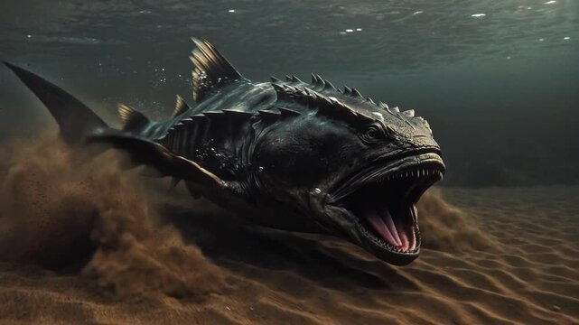 3d monster emerging from dark stormy waters cinematic footage