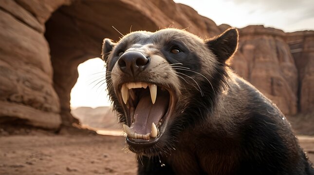 An eldritch sandstone arch wolverine seen reacting  