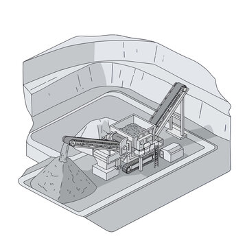 Illustration of a quarry crushing and screening plant processing aggregate materials.