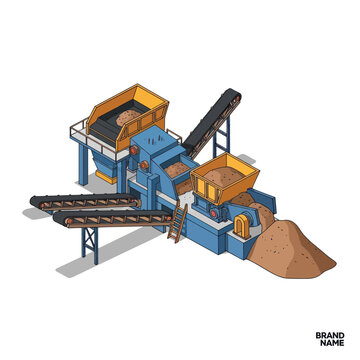Isometric illustration of an industrial crushing and screening machine processing aggregate materials.