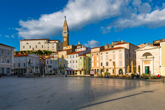 The Piazza, the central square of Piran Old town, Slovenia