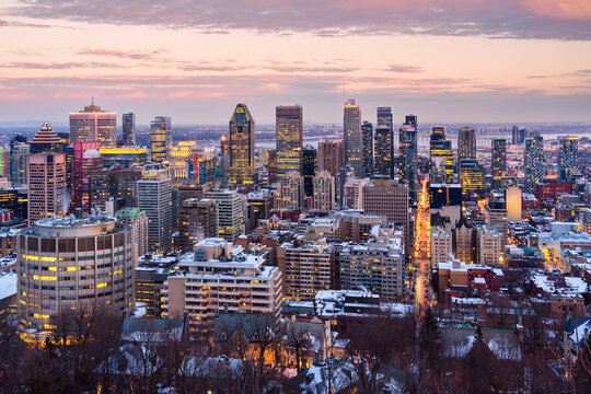 Montreal city downtown skyline in the winter day sunset light, Canada