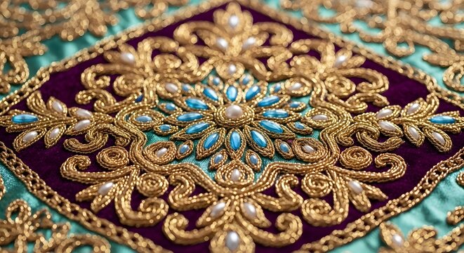 Luxurious Close-Up of Intricate Gold Zardozi Embroidery with Shimmering Pearls and Turquoise Beads on Rich Purple Velvet and Teal Silk Background for Traditional Ornate Decorative Textile Design