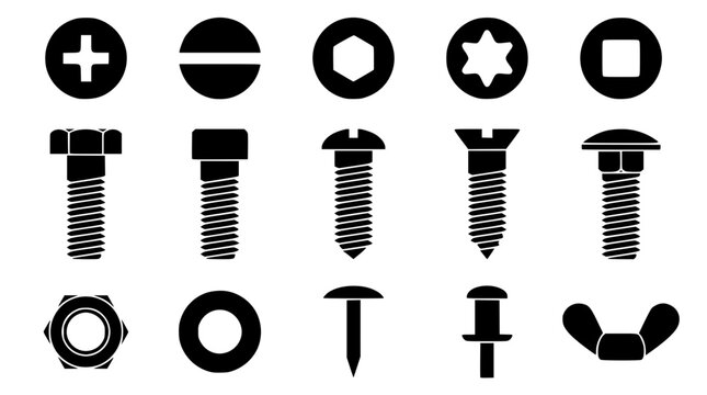 Set of black silhouette hardware fasteners and construction icons