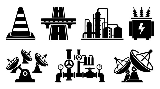 Collection of black industrial and infrastructure vector icon set