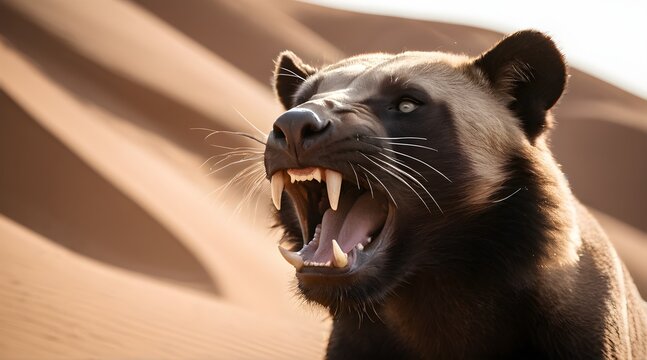 An umber toned focused sandstone arch wolverine animal in desert dunes