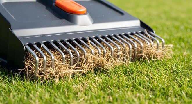 Close-up of a modern lawn scarifier tool removing dead grass and thatch from a vibrant green backyard lawn, professional garden maintenance equipment for healthy turf and soil aeration.