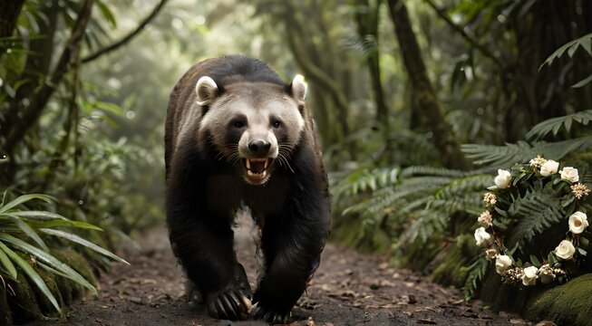 An wolverine navigates rocky forest path with a flower wreath nearby