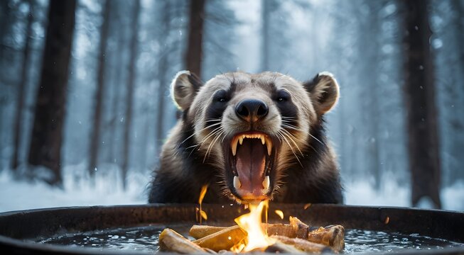 a wolverine howling in pain as it tries to eat a flame