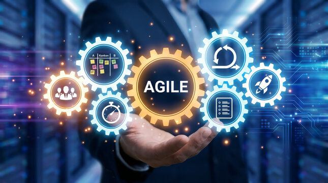 Hand holding agile gear icon with digital business strategy holograms and innovation symbols
