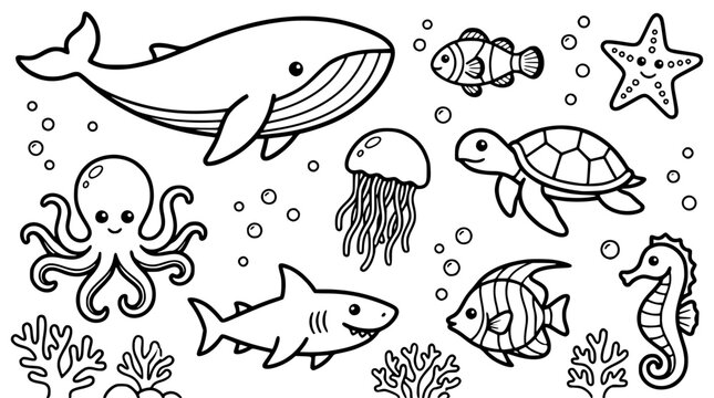 Cute ocean animals vector illustration for kids coloring book page