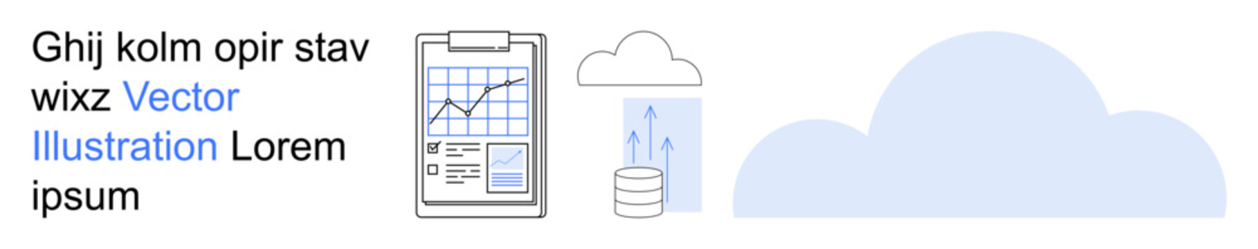 Cloud storage, data analytics, technology infrastructure, information processing, digital transformation, remote systems. Graph on clipboard, cloud icon and database. Cloud storage and data