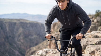 Naklejka premium Male BMX cyclist in gray hoodie rides bike on rocky cliff edge with mountainous landscape and blue sky in the background, showcasing outdoor adventure and sport
