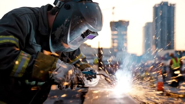 Construction worker welding metal using an electric arc welder with sparks flying in industrial environment with city backdrop