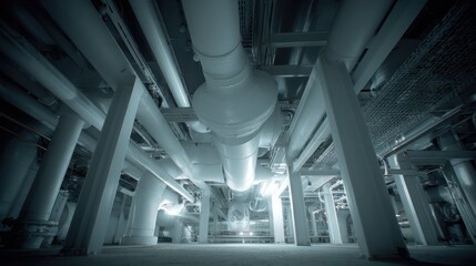 Fototapeta premium Industrial pipes and steel beams in factory interior