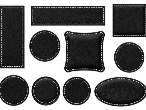 Set of black leather patches with white stitching in various shapes