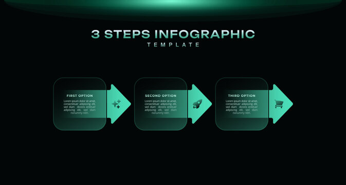 Dark neon technology arrows in a horizontal row showing 3 successive steps of business development. Simple infographic template, clean vector illustration for workflow and presentation