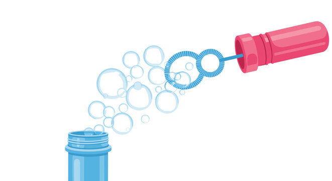 Pink bubble wand blowing a stream of iridescent soap bubbles out of a blue bottle against a plain white background.