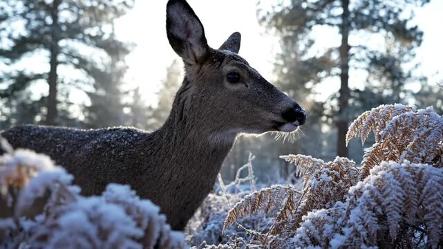 Graceful deer pauses in snowy forest landscape with frost-covered plants under bright winter sunlight