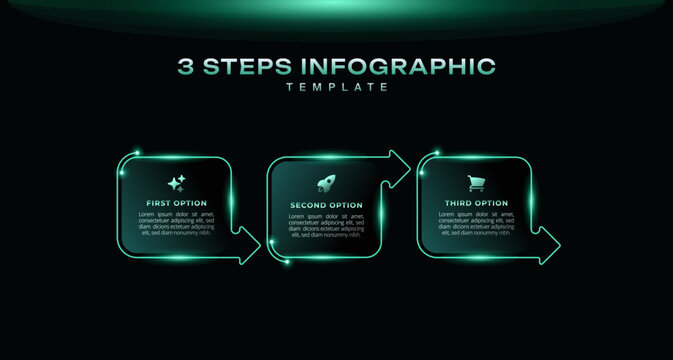 Dark neon technology arrows in a horizontal row showing 3 successive steps of business development. Simple infographic template, clean vector illustration for workflow and presentation