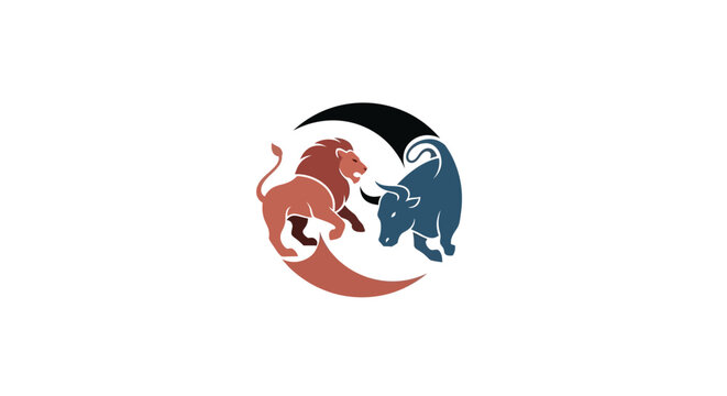 Lion and bull fighting, yin yang symbol, business concept, financial market, strength, power