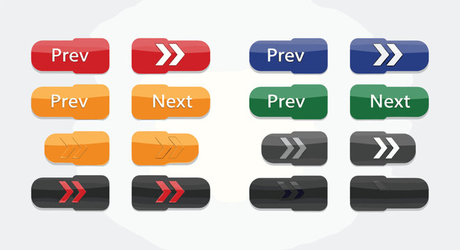 Collection of colorful web navigation buttons for previous and next actions in various styles like glossy, flat, and dark themes.
