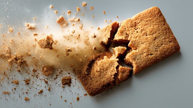 Broken gingerbread cookie exploding into crumbs and pieces