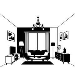 Fototapeta premium Minimalist Living Room Interior Vector Silhouette with Modern Furniture and Decor