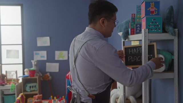 Man in apron smiling beside a small chalkboard and toys in a school building kindergarten classroom; nurturing warmth care.