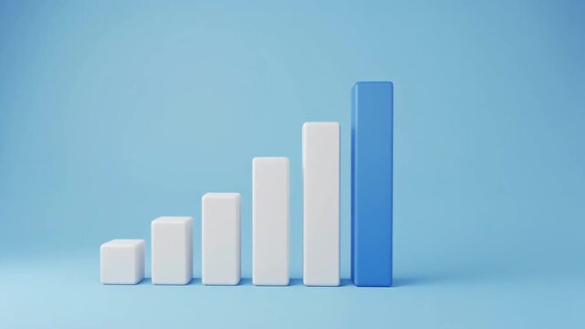 Business growth and financial success concept video. White 3D cubes rising to form bar chart against solid light blue background. Minimalist animation showing progress.